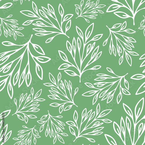 Botanical leaves seamless repeat pattern. Random placed, different sized vector outline plants all over surface print on green background.