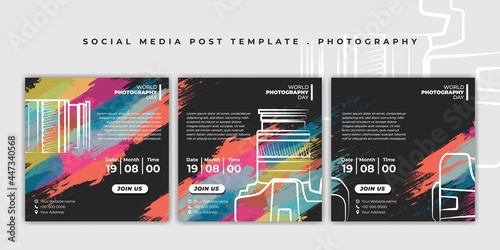 Set of black and colorful social media template. Social media post template with line art of camera design