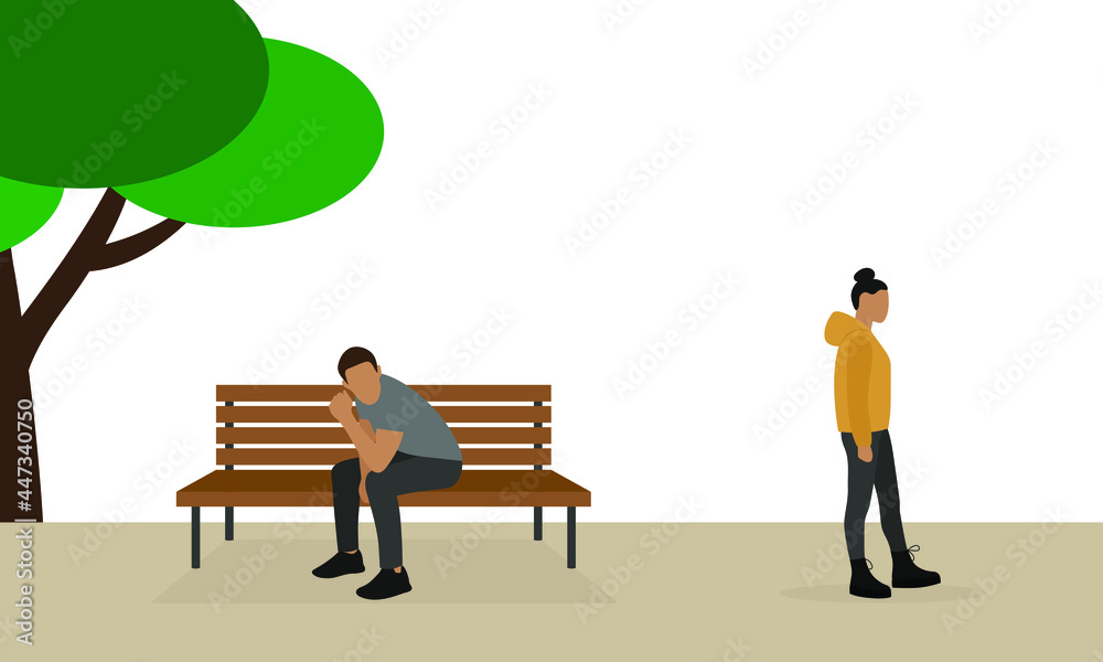 A male character is sitting on a bench and a female character is walking outdoors A male character is sitting on a bench and a female character is walking outdoors