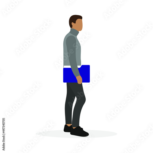 Male character with a folder for documents in hand stands on a white background