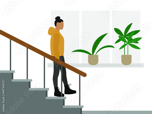 Female character descends the stairs against the background of a wall with a window and plants