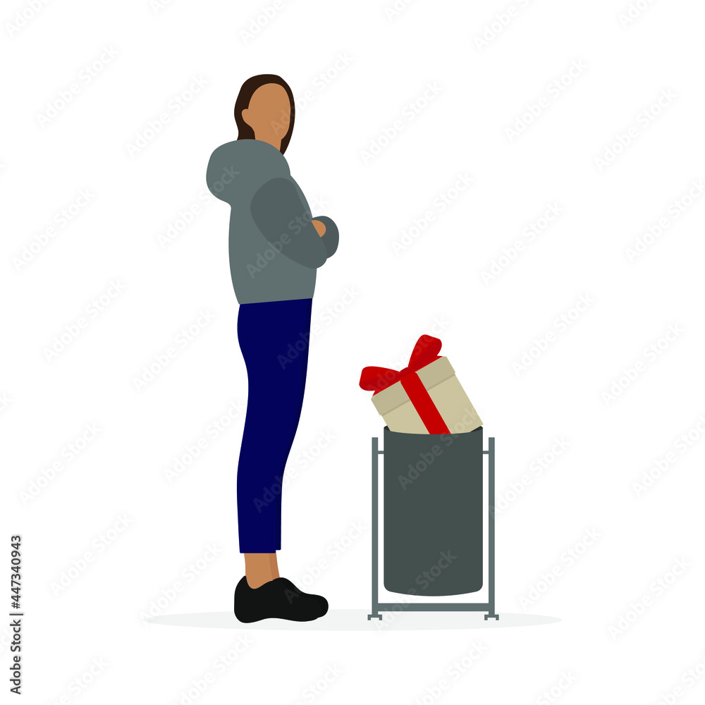 Female character stands near the trash can with a gift box on a white background Female character stands near the trash can with a gift box on a white background