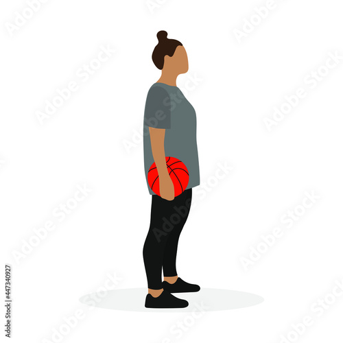 Female character in sportswear and with a basketball in hand stands on a white background