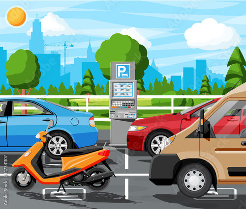 Pay for Car Park with Parking Meter Cityscape. Ticket Machine Icon. Sedan, Van, Motorbike Vehicle. Self Service Parking Pay. Electronic Payment Terminal. Cartoon Flat Vector Illustration