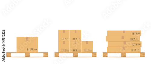 Cardboard boxes set with fragile signs on wooden pallet. Delivery packaging box. Warehouse goods and cargo transportation. Cargo wood pallets and parcels. Sealed boxes for post transport  warehouse.