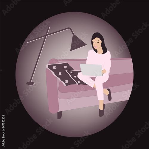 The girl is sitting on the couch, reading the evening news on a laptop. Floor lamp night light - vector. Internet addiction. Doom scroll.