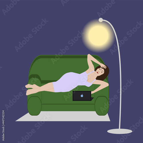 A woman is lying on the couch, reading the evening news on a laptop. Floor lamp night light - vector. Internet addiction. Doom scroll.