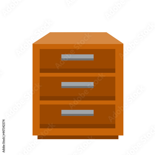 Bedside table and nightstand. Square wardrobe with drawers. Flat isolated illustration. Wooden brown furniture
