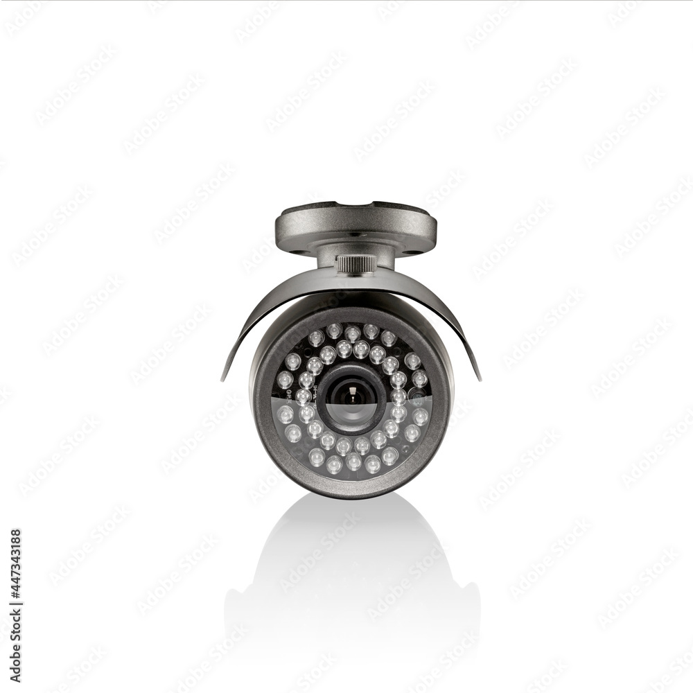 Fototapeta premium Front view of round carbon outdoor surveilance camera with led lights on white background with reflection underneath