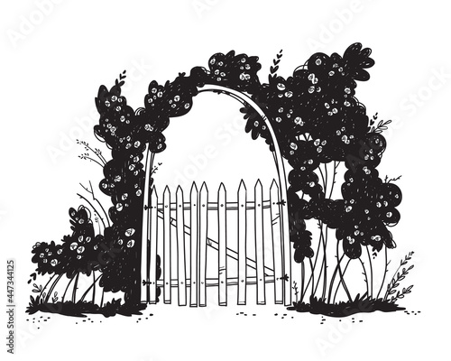 line drawing of a wooden garden arch gate with rose bushes
