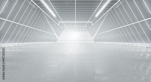 Illuminated corridor interior design. Abstract Futuristic tunnel with light and reflection background. 3D rendering.