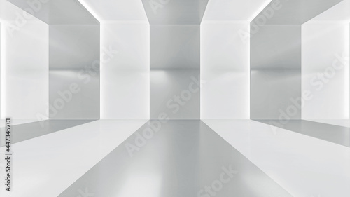 Abstract empty corridor with light. Futuristic white space interior design. 3d illustration