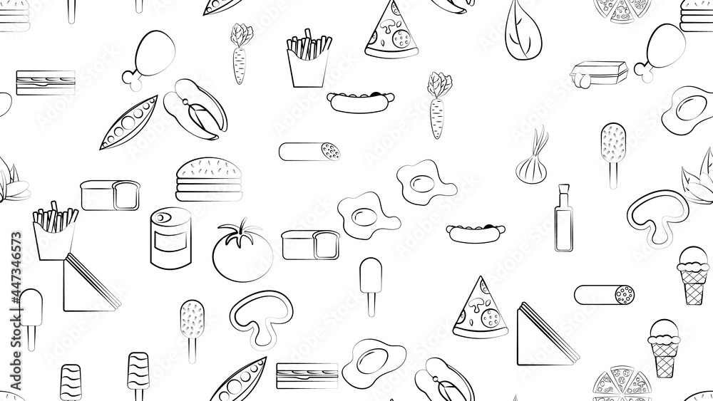 Black and white endless seamless pattern of food and snack items icons set for restaurant bar cafe: hot dog, ice cream, greens, chicken, fries, eggs, pizza, fish, canned food, eggs. The background Black and white endless seamless pattern of food and snack items icons set for restaurant bar cafe: hot dog, ice cream, greens, chicken, fries, eggs, pizza, fish, canned food, eggs. The background