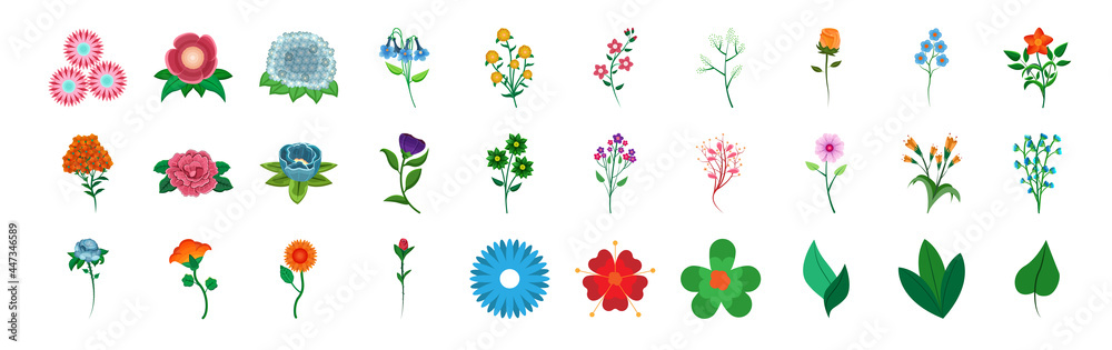 Set of flowers and leaves sketches Vector illustration