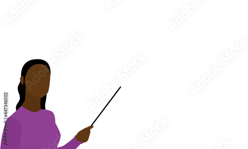 A black woman or girl with long wavy hair and a purple shirt. She holds a stick or pointers and shows a blank white background with copy space for text or images.