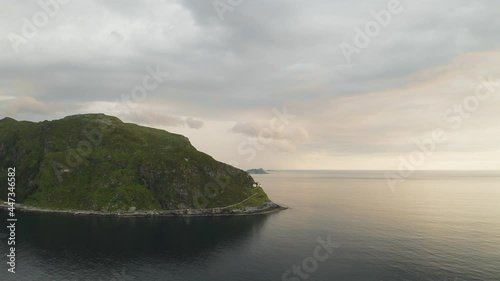 Hendanes Lighthouse At The Vagsoy Island In Kinn Municipality In Vestland County, Norway. aerial photo