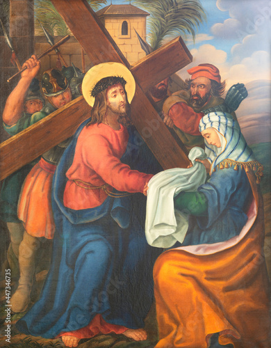 VIENNA, AUSTIRA - JUNI 17, 2021: The painting Veronica wipes the face of Jesus as part of Cross way stations in church Rochuskirche by unknown artist.