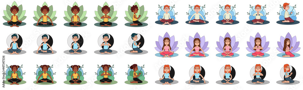 Set of men and women meditating Yoga Vector illustration Set of men and women meditating Yoga Vector illustration