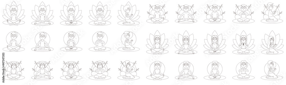 Obraz premium Set of men and women meditating Yoga Vector illustration