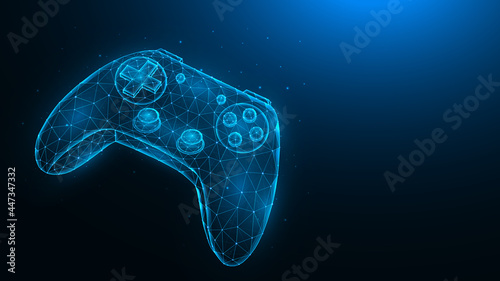 Joystick for video games low poly design. Polygonal illustration of a game controller on a dark blue background.
