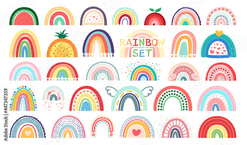Mega set Boho rainbows isolated on white background. In cute delicate pastel colors. Hand drawing style for posters, prints, cards, fabric, textile, children's books and decorating baby clothes.