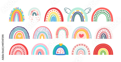 New Boho rainbows set isolated on white background. In cute delicate pastel colors. Hand drawing style for posters, prints, cards, fabric, textile, children's books and decorating baby clothes.
