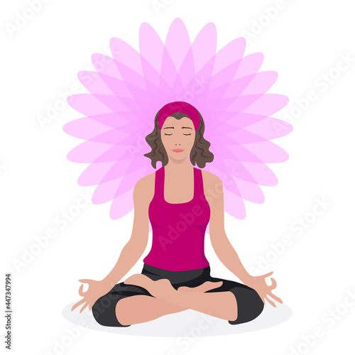 A young girl is doing yoga in the Lotus position. The concept of yoga  meditation  relaxation  harmony. the illustration is made in a flat style.