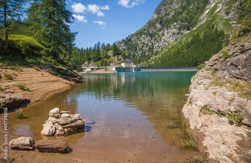 Panoramic view of lago di Dévero in the summer season of sun in Piedmont, Italy