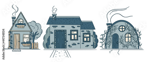 Set of hand drawn cute houses doodle icon in color on white background for book print. Sign cartoon symbols and decoration element. Vector illustration.
