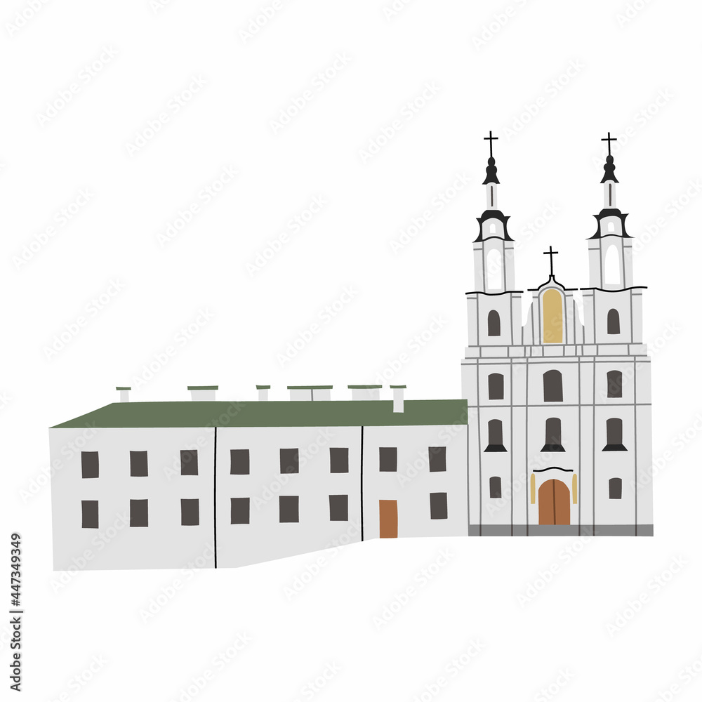 Vector color hand drawn illustration with The Holy Spirit Cathedral. Minsk, Belarus.