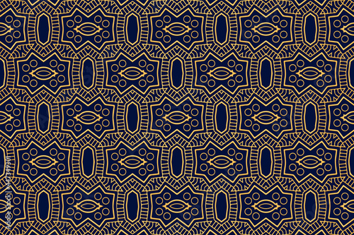 3d volumetric convex embossed geometric dark blue background with ethnic gold pattern. Oriental, Asian, Indian original ornament for design and decoration.