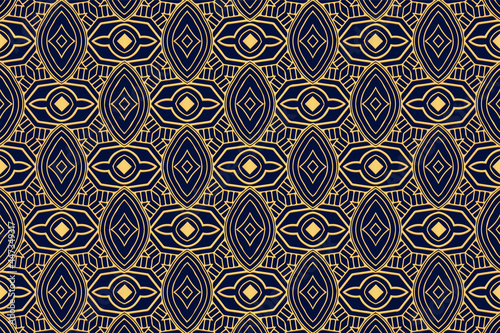 3d volumetric convex embossed geometric dark blue background with ethnic gold pattern. Oriental, Asian, Indian ornament for design and decoration.