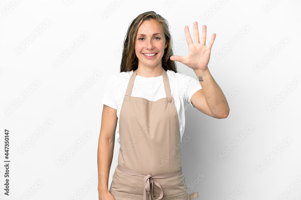 Restaurant waiter caucasian woman isolated on white background counting five with fingers Restaurant waiter caucasian woman isolated on white background counting five with fingers