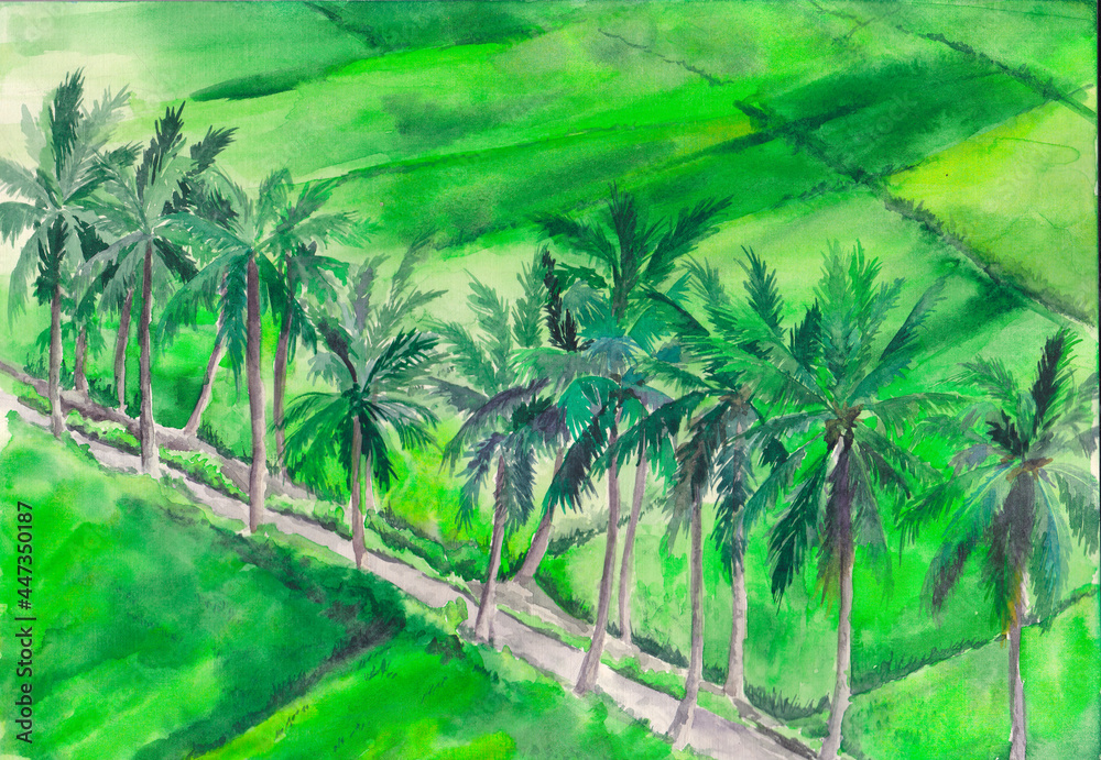 Watercolor landscape with palms and path. Hand drawn background. Bali, Indonesia Watercolor landscape with palms and path. Hand drawn background. Bali, Indonesia