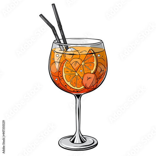 Aperol spritz cocktail, hand drawn alcohol drink with orange slice and ice. Vector illustration