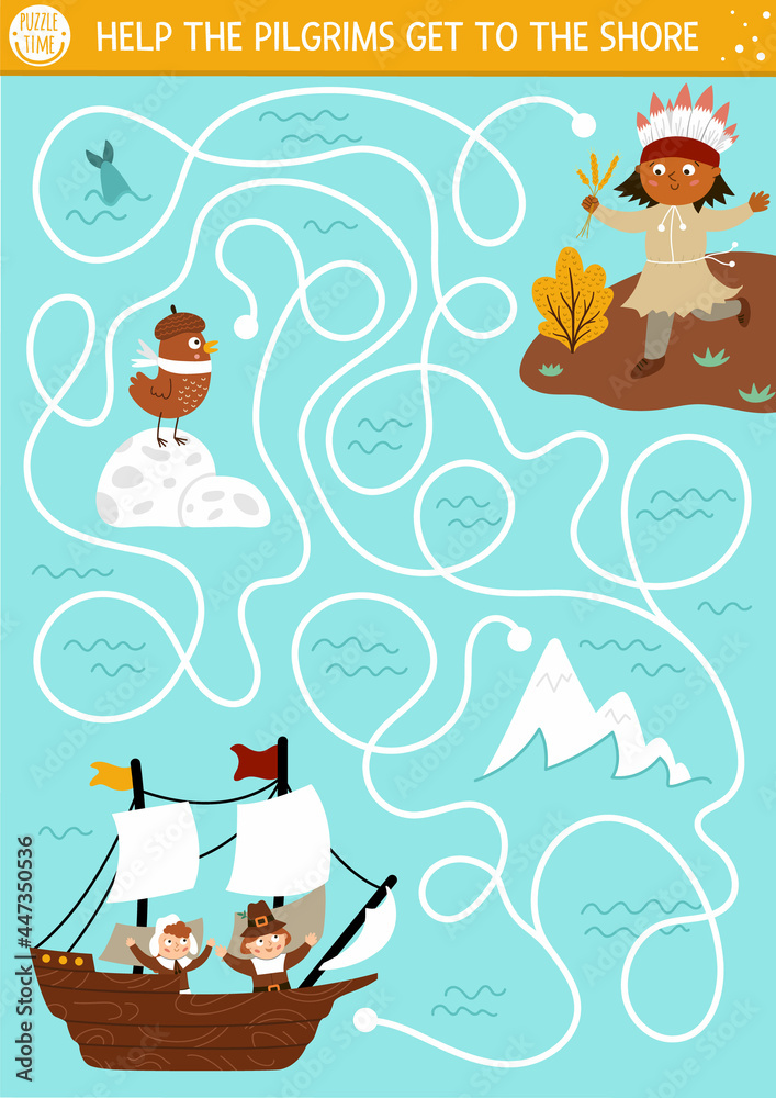 Thanksgiving Day maze for children. Autumn holiday preschool printable activity. Fall labyrinth game or puzzle with first Americans sailing on Mayflower and native Indian. Help pilgrims get to shore.