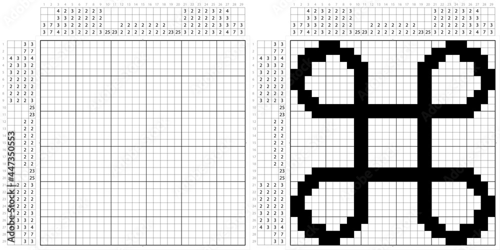 Fototapeta premium Looped Square Icon Nonogram Pixel Art, Logic Puzzle Game Griddlers, Pic-A-Pix, Picture Paint By Numbers, Picross, Square With Outward Pointing Loops At Its Corners