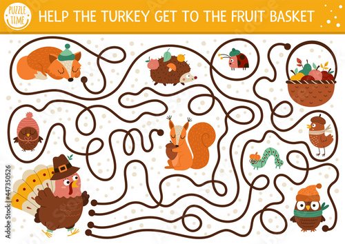 Thanksgiving Day maze for children. Autumn holiday preschool printable activity. Fall labyrinth game or puzzle with cute bird, forest animals, apples. Help turkey get to the fruit basket.
