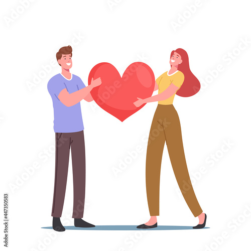 Loving Couple Share Love, Holding Huge Red Heart in Hands. Human Relations, Love, Romantic Dating. Newlywed Couple