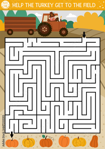 Thanksgiving Day maze for children. Autumn holiday preschool printable activity. Fall labyrinth game or puzzle with farm landscape, pumpkins, cute bird driving a tractor. Help turkey get to the field. photo