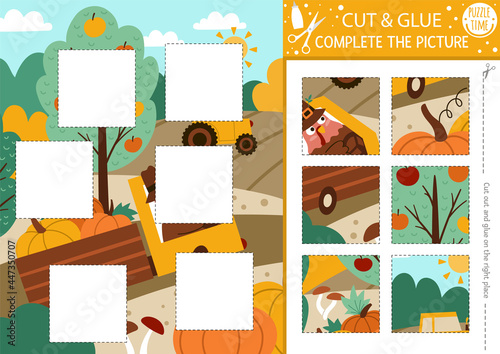 Vector Thanksgiving day cut and glue activity. Autumn crafting game with cute farm harvest scene with turkey. Fun printable worksheet for children. Find the right piece of the puzzle. Complete picture photo