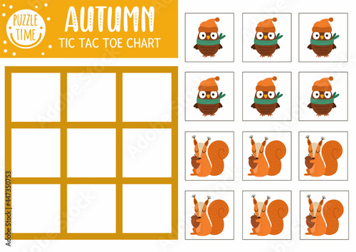 Vector autumn forest tic tac toe chart with cute owl and squirrel. Woodland board game playing field with animal and bird. Funny printable worksheet for kids. Fall noughts and crosses grid .