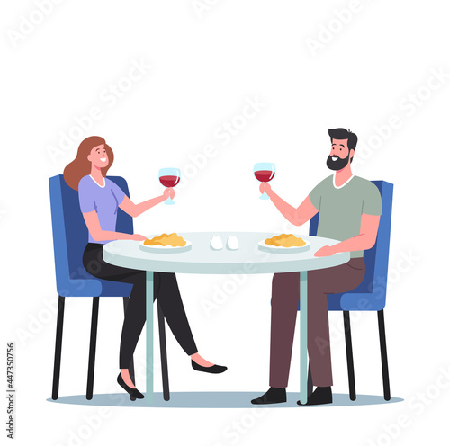 Romantic Relations, Meeting. Happy Loving Couple of Male and Female Characters Dating in Restaurant. Declaration of Love