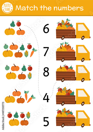 Match the numbers game with van and harvest. Autumn farm math activity for preschool children with cute vegetables and fruit. Educational printable counting worksheet for kids.