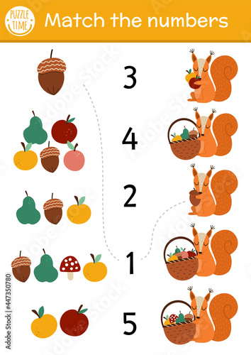Match the numbers game with squirrel and fruit basket. Autumn farm or forest math activity for preschool children with cute animal. Educational printable counting worksheet for kids.
