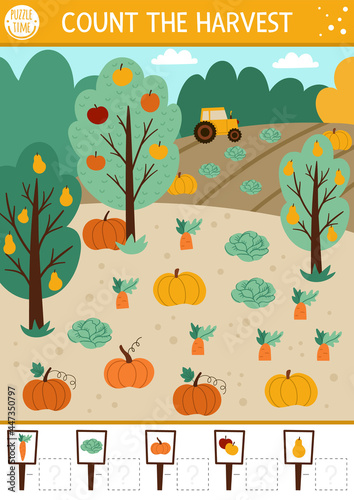 Autumn counting game with harvest in the garden or field. Fall or Thanksgiving math activity for preschool children. Simple printable farm themed worksheet. Educational puzzle for kids. .