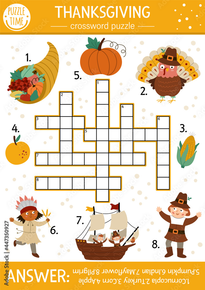 Vector Thanksgiving crossword puzzle for kids. Simple autumn quiz with traditional symbols for children. Educational activity with turkey, pilgrim, pumpkin, native American. Fall holiday cross word