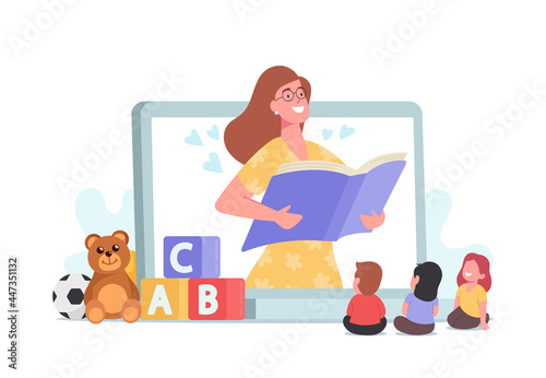 Babysitting, Friendly Digital Nanny Character Reading Fairy Tales to Kids. Baby Sitter Nanny Online. Service, Childcare