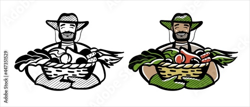 A strong tanned man farmer holds a basket with a crop of vegetables. An agronomist in a hat and gloves with plants. A set of color logo and a black and white sign. Vector illustration