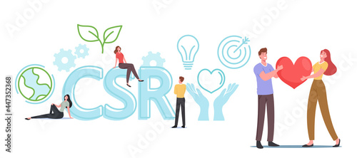 Csr, Corporate Social Responsibility Business Concept. Characters with Heart in Hands, Businessman, Earth Globe, Plant